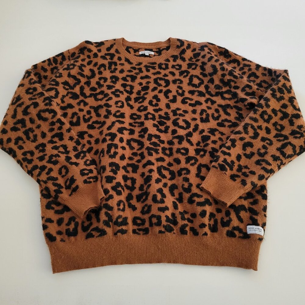 Banks Journal Leopard Animal Print Sweater Crew Neck Size XL EUC Black and Tan